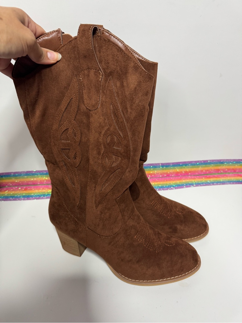 Women's Brown Suede Western Ankle Boots with Block Heel - Picture 3 of 9